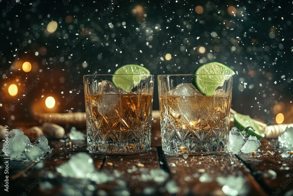 Poster two glasses of golden liquor with ice and lime wedges on a rustic wooden table, surrounded by ice an