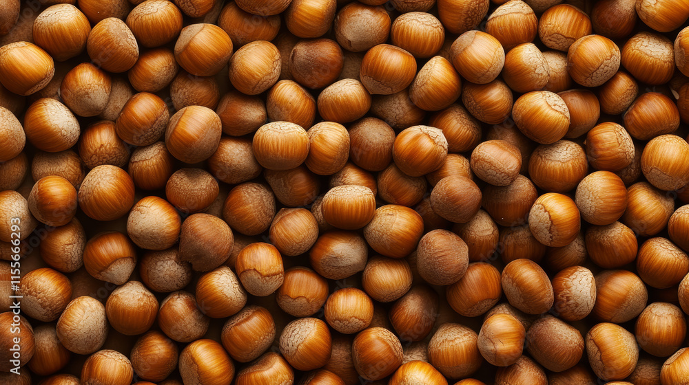 Poster nuts scattered on a surface showing light brown hazelnuts with smooth shells and natural texture