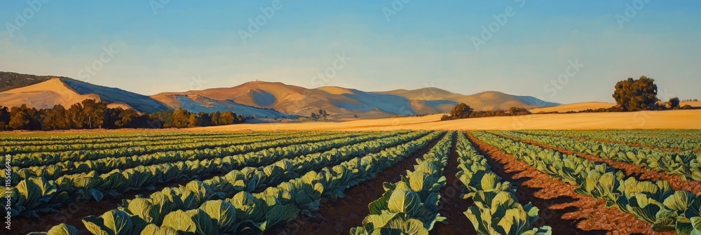 Poster rows of cabbage in a farm field at sunset, with hills in the background.