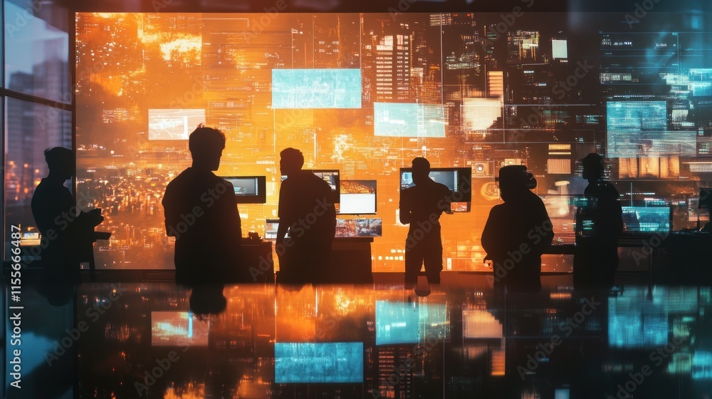 Poster Silhouetted team analyzing data on large screens in a futuristic control room.