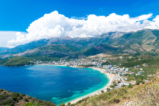 Panoramic view from the top on the resort Himare town. Ionian sea. Albania.