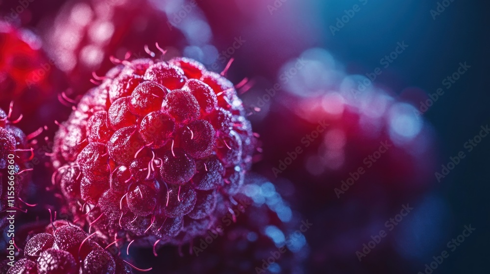 Poster close-up of a ripe, red raspberry with a blurred background, showcasing its texture and color.