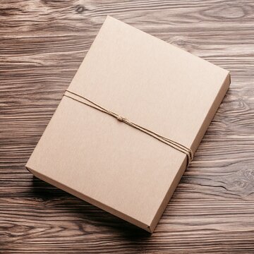 Kraft paper gift box tied with string on wooden background.