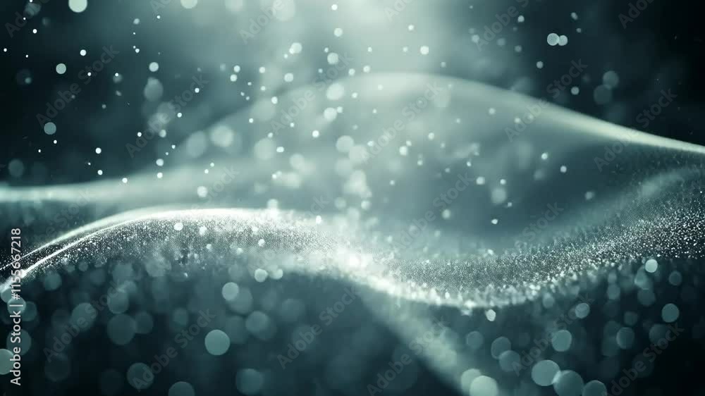 Poster swirling particles create abstract art in misty waves of light during a serene evening