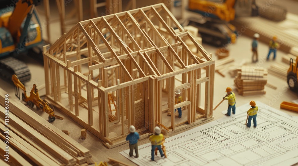 Poster miniature house under construction with blueprints and workers.
