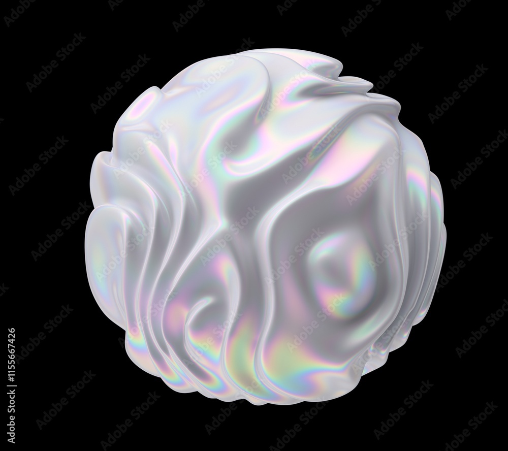 Poster Holographic glossy sphere with ripples and distortions on the surface with rainbow iridescences. Abstract 3D illustration of futuristic glitchy blob.