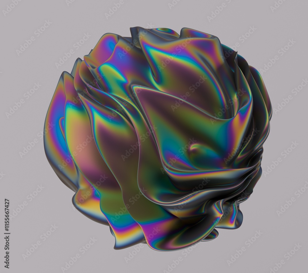 Poster holographic glossy sphere with ripples and distortions on the surface with vibrant rainbow iridescen