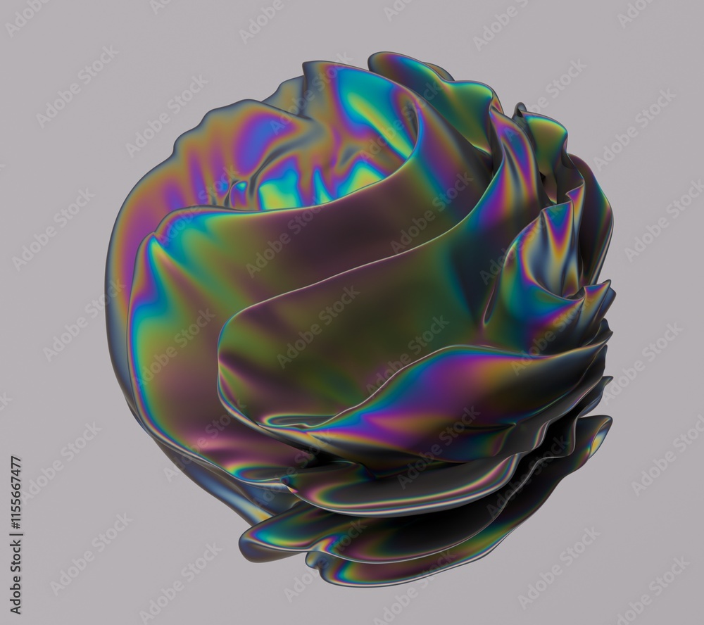Poster Holographic glossy sphere with ripples and distortions on the surface with rainbow iridescences. Abstract 3D illustration of futuristic glitchy blob.