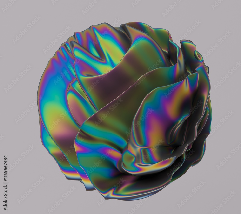 Poster Holographic glossy sphere with ripples and distortions on the surface with rainbow iridescences. Abstract 3D illustration of futuristic glitchy blob.