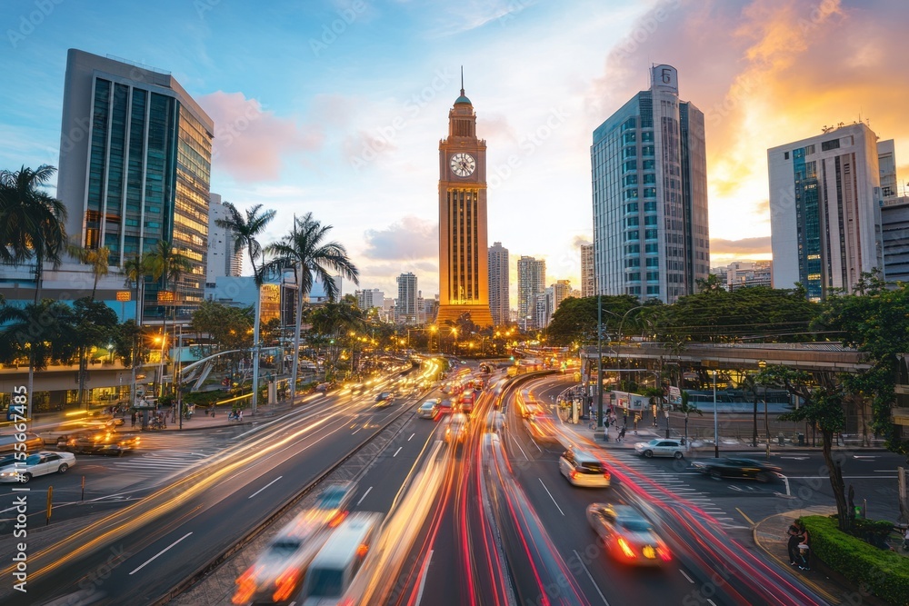 Poster sunset cityscape with clock tower and busy traffic.