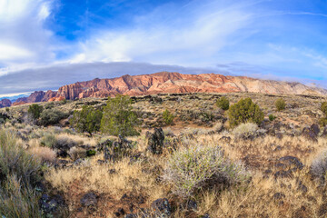 A desert landscape with a mountain in the background