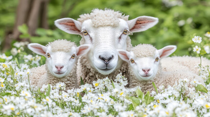 Obraz premium Ewe and Lambs in a Meadow of White Flowers