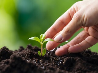 Fototapeta premium Farmers are watering small plants by hand with the concept of World Environment Day.