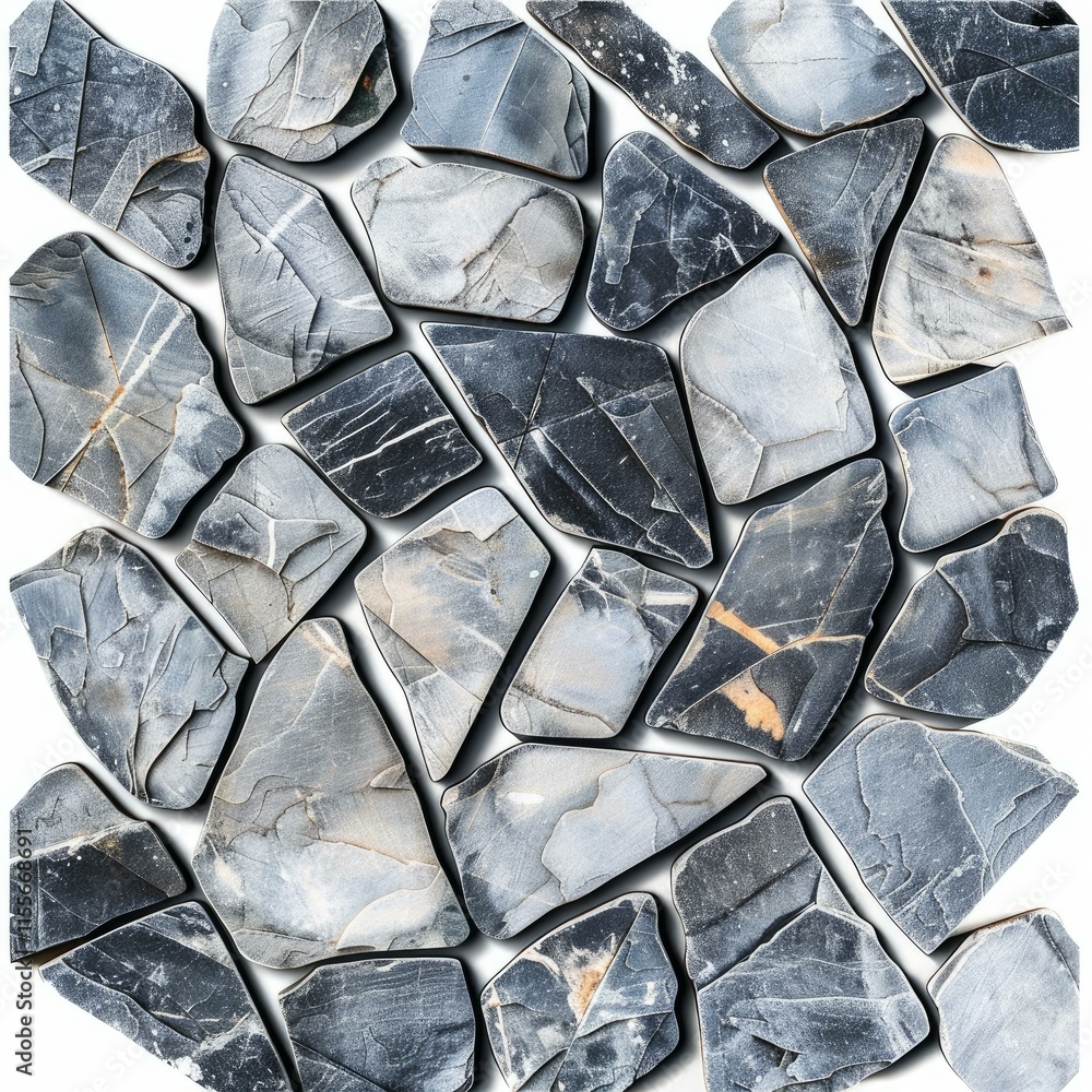 Poster irregular grey stone tiles creating a decorative mosaic pattern on a white background, suitable for 