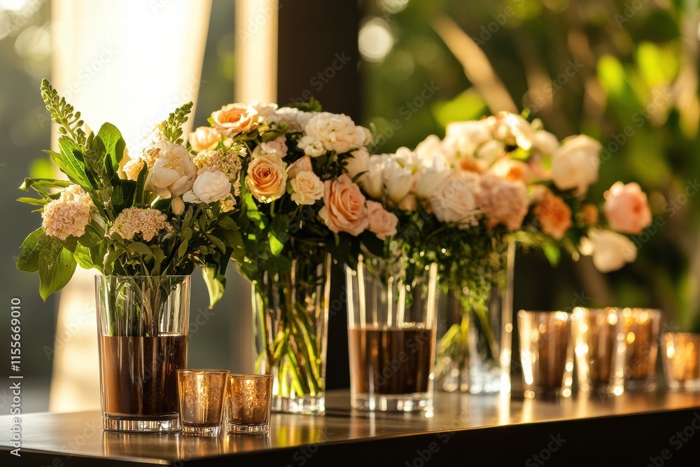Poster Stylish storefront display featuring elegant flowers in glass vases with soft lighting in a vibrant setting. Generative AI