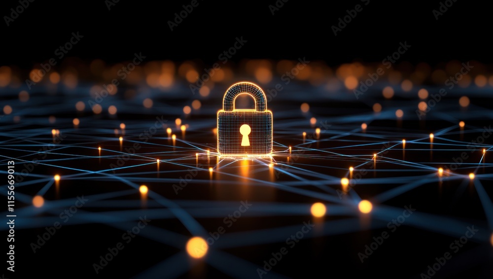 Aufkleber glowing padlock icon at center of network, representing cybersecurity and data protection.