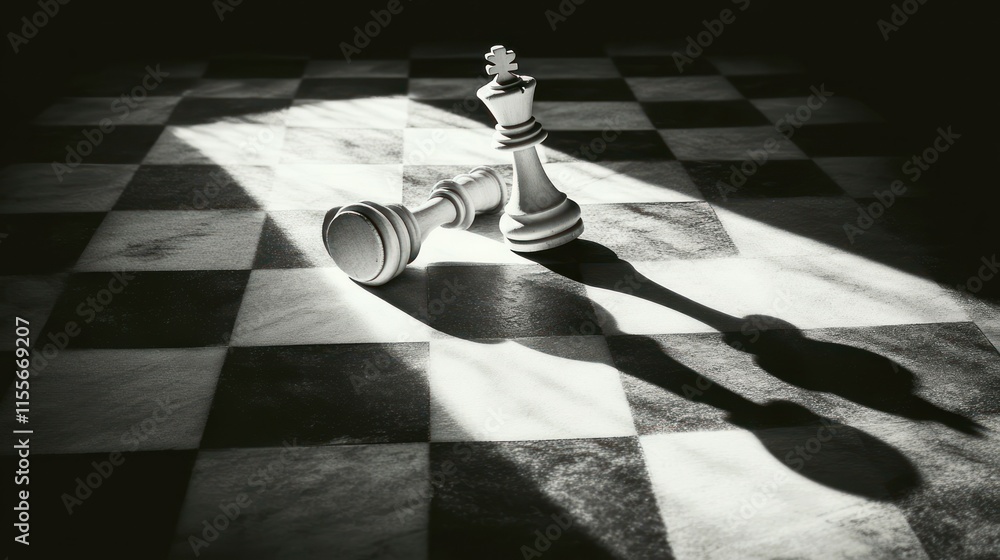 Poster dramatic black and white close-up of a chessboard with a fallen king and standing king, illuminated 
