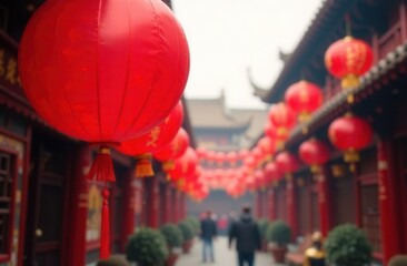 A vibrant row of red Chinese lanterns decorated with intricate Chinese writing