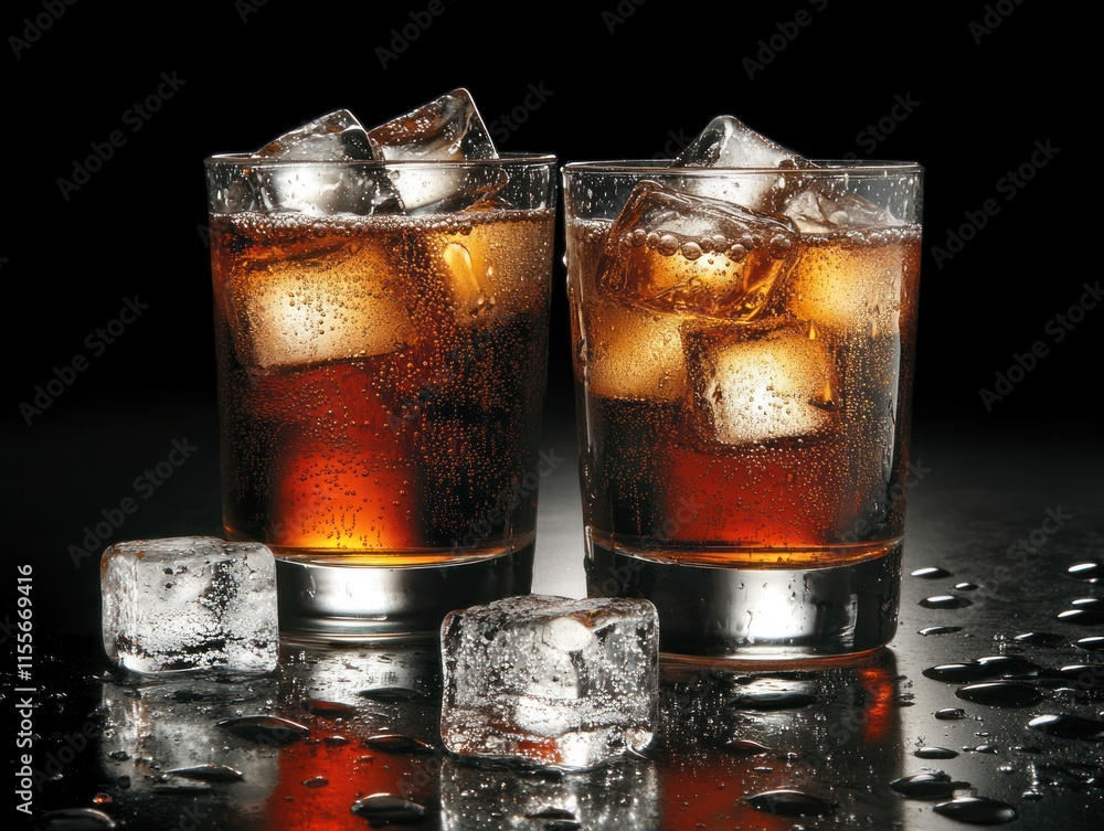 Poster Two glasses of cola with ice cubes on a dark reflective surface.
