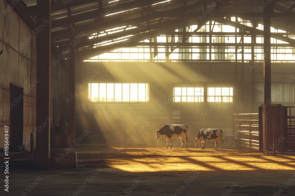 Poster Sunbeams illuminate two cows in a rustic barn.
