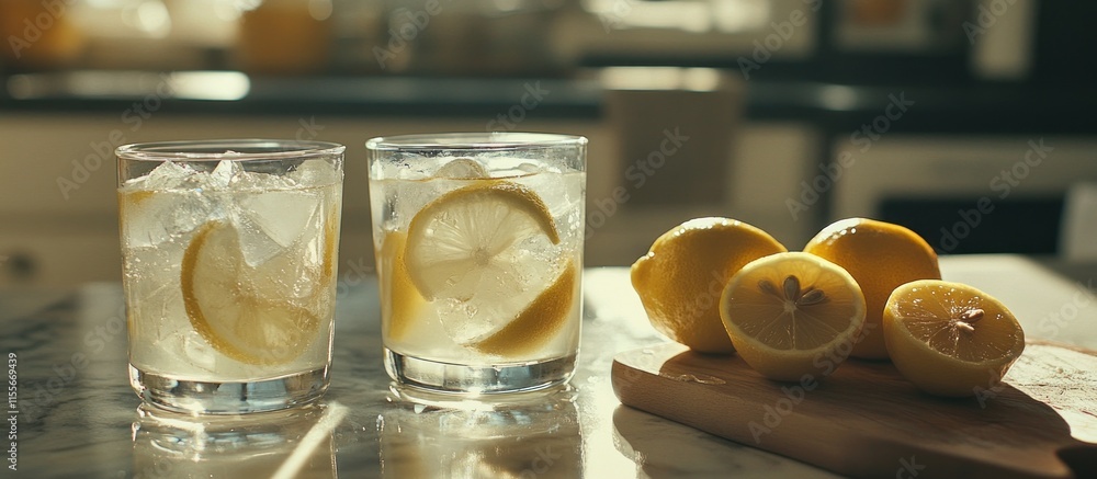 Poster two glasses of refreshing lemonade with ice and lemon slices, next to sliced lemons on a wooden boar