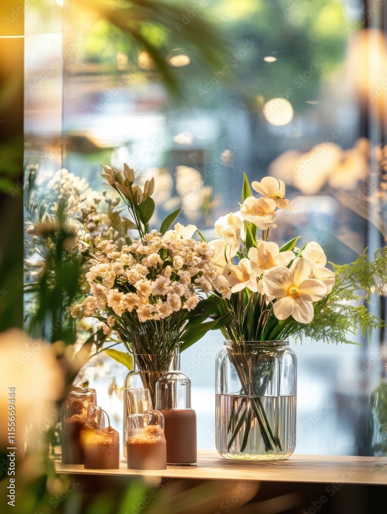Poster stylish storefront display featuring fresh flowers in glass vases during daylight. generative ai