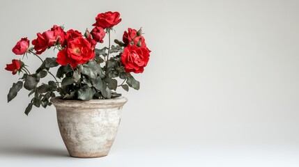 Red roses in a rustic terracotta pot on a white background.