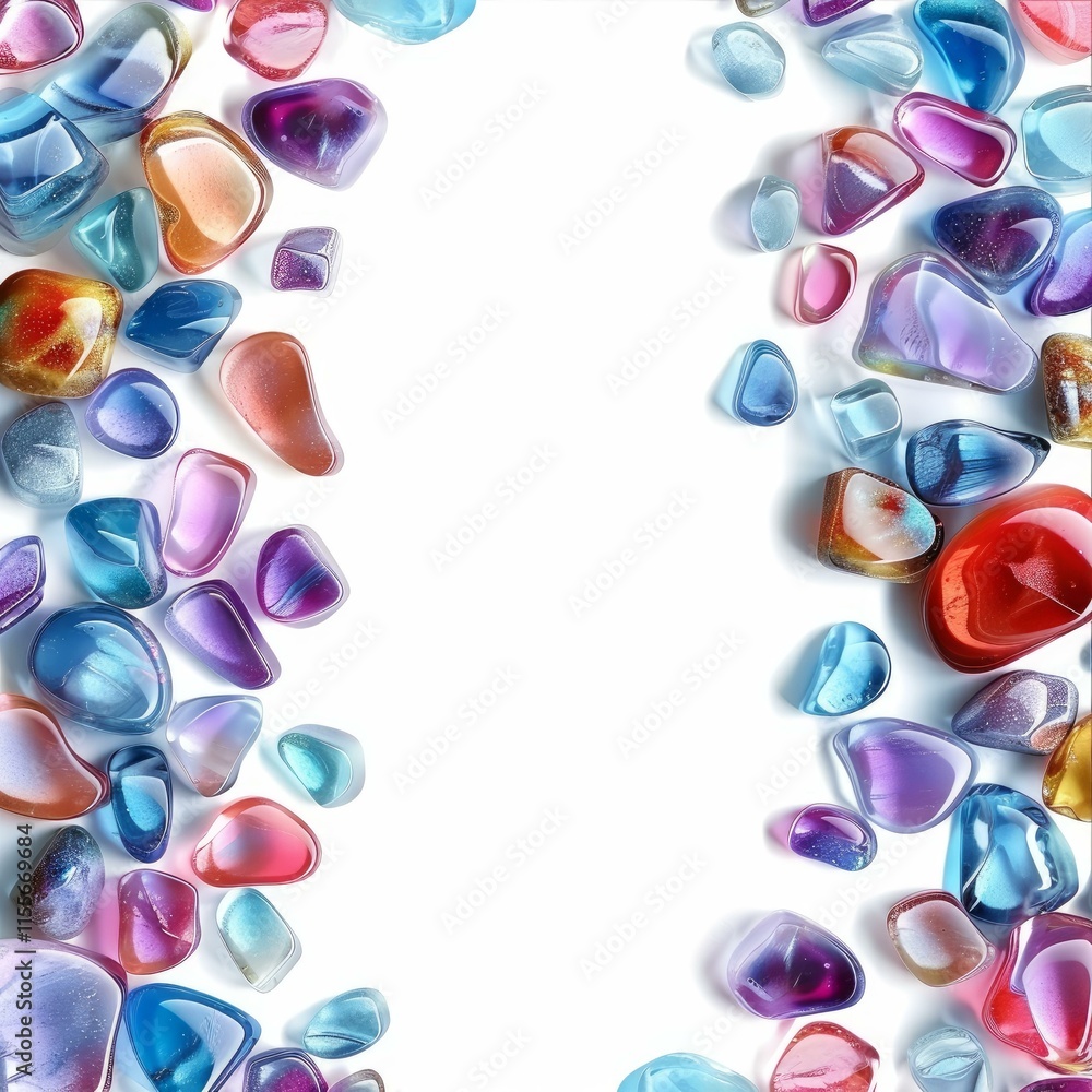 Poster colorful pebbles creating a vertical border on a white background, offering copy space for text or d