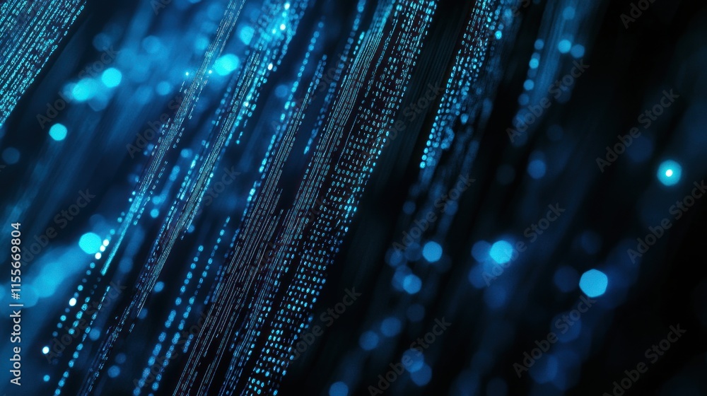 Poster Abstract blue digital data stream background with bokeh lights.