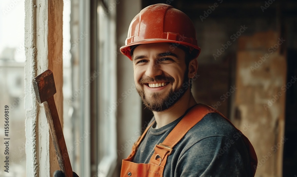 Poster a smiling worker in a hard hat and overalls holds a tool at a construction site.