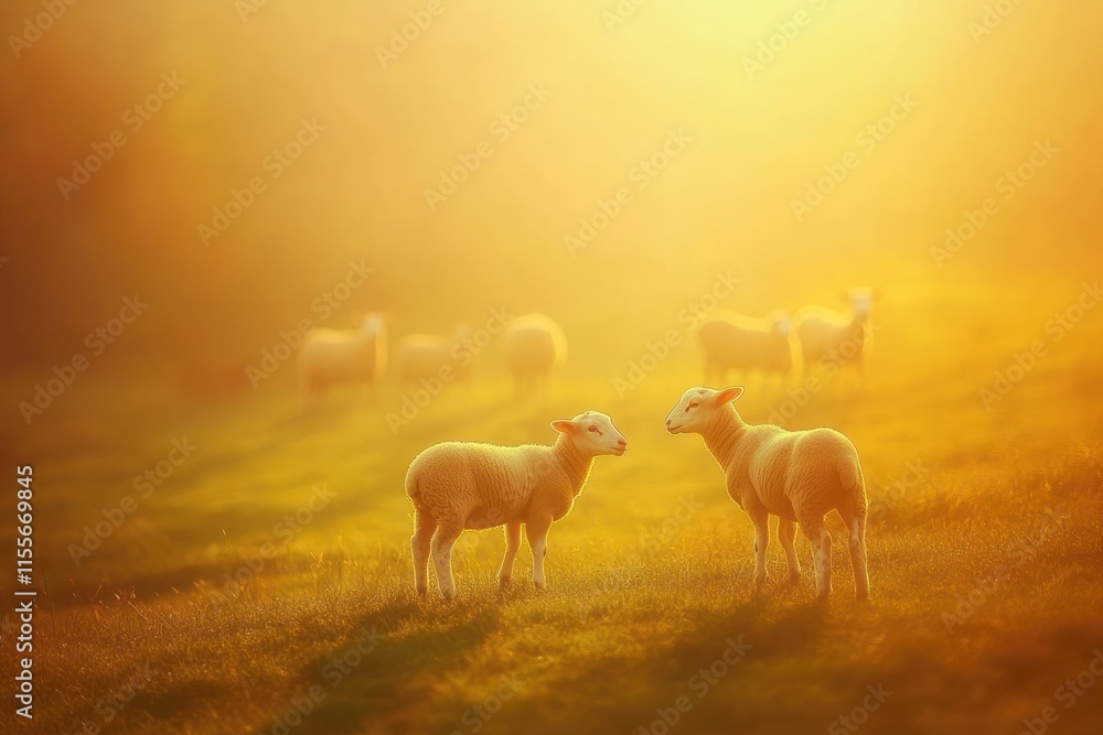 Poster two lambs facing each other in a sunlit pasture with other sheep in the background.