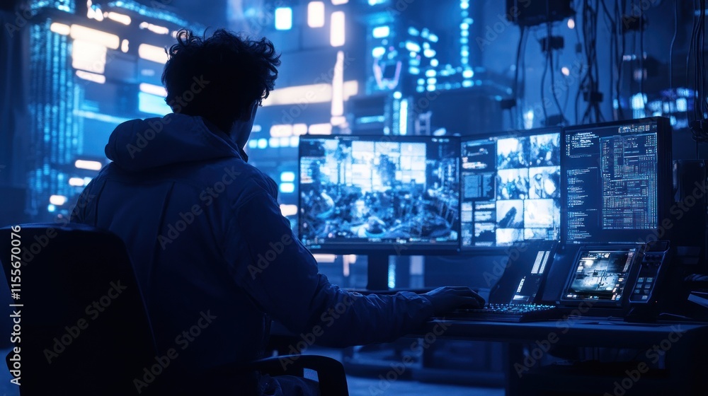 Aufkleber Hacker working late at night in front of multiple monitors, analyzing data streams.