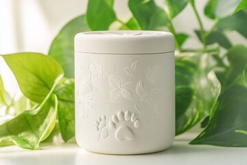 Elegant pet urn with floral engravings and paw print design.