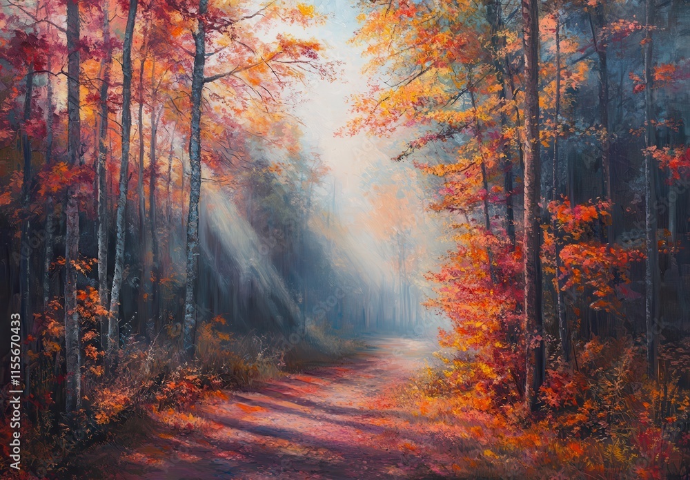 Poster serene autumn forest scene with vibrant leaves and soft light filtering through trees creating a pea