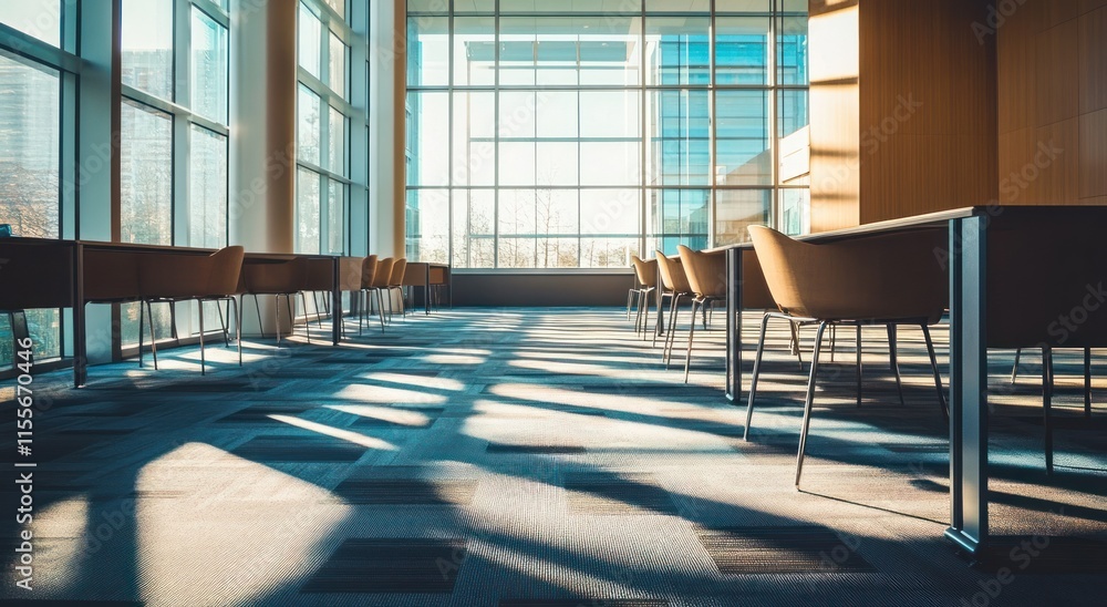 Poster sunlit modern office lobby with empty desks and chairs.