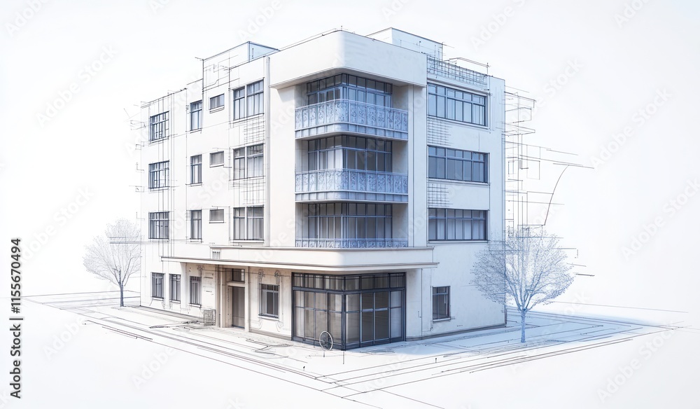 Poster architectural rendering of a modern apartment building with street view.