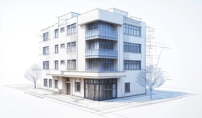 Architectural rendering of a modern apartment building with street view.