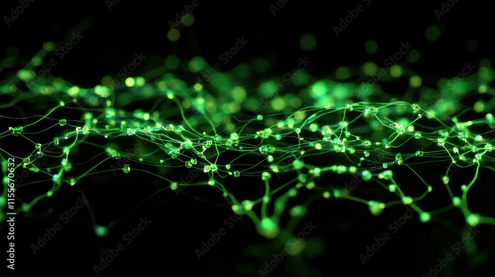 Poster abstract green glowing particles and lines on black background.