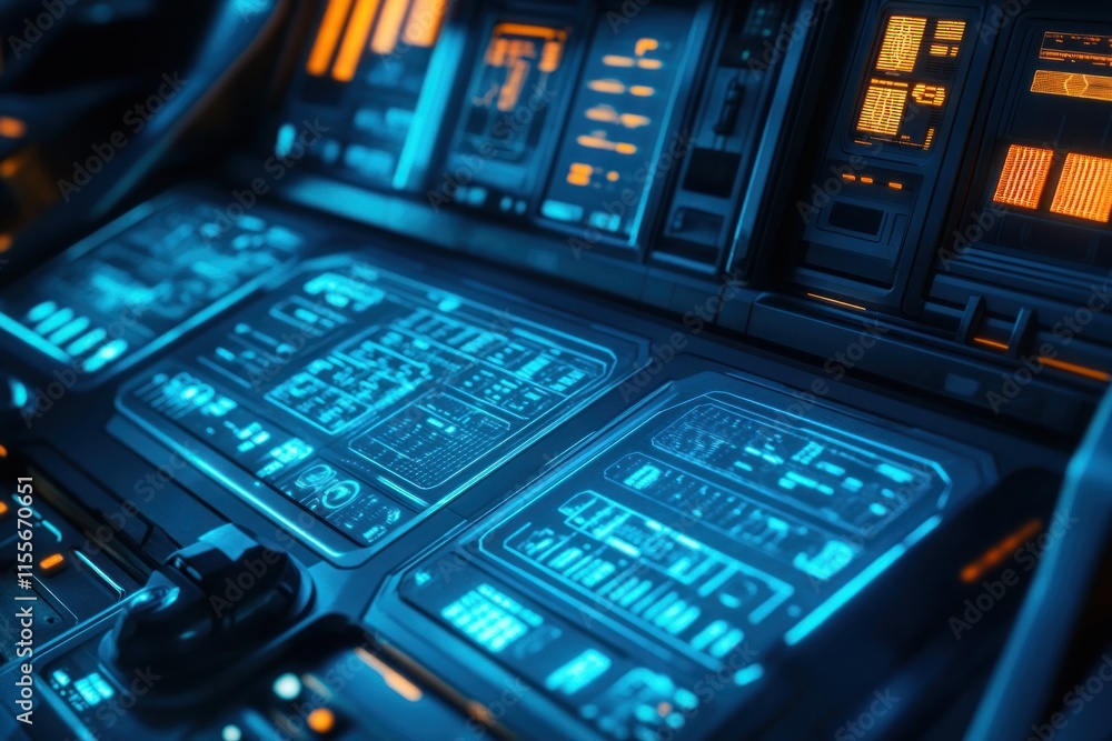 Poster Futuristic vehicle control panel with glowing digital displays and interface.