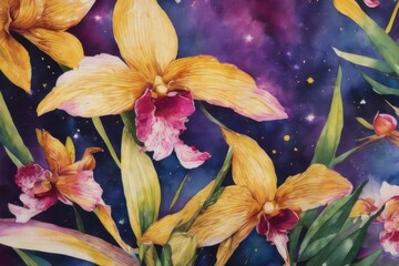 Vibrant yellow and purple orchids with lush green leaves, on deep starry backdrop, offering beautiful floral composition ideal for enhancing elegance in design projects.