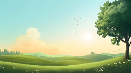 Obraz premium Serene Summer Landscape with Rolling Hills and Tree
