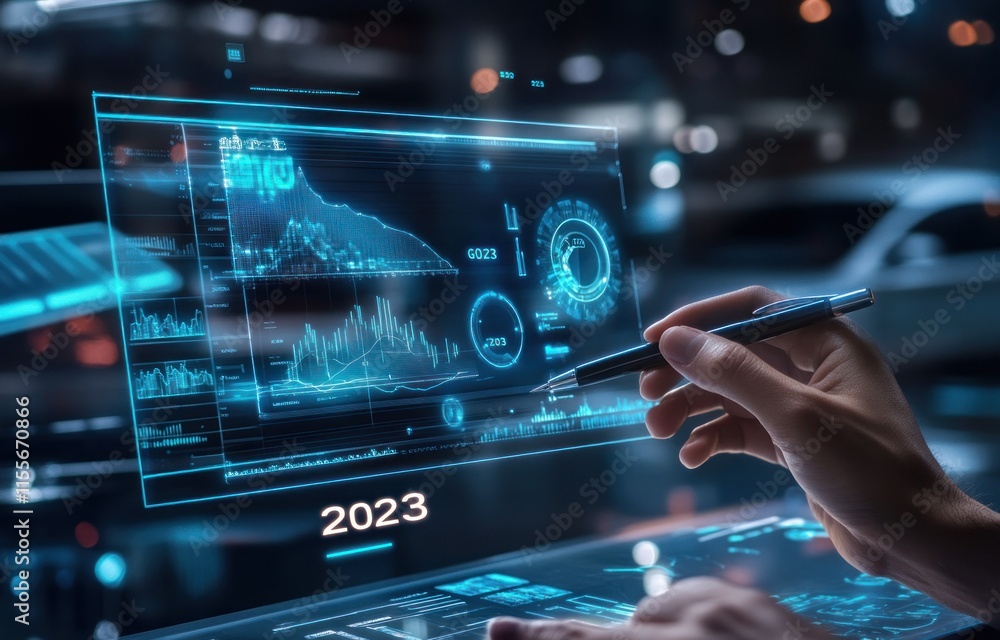 Poster Hand interacts with a futuristic holographic display showing 2023 data analytics.