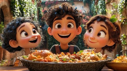 Peaceful Animated Families Gathering for a Joyful Meal Together