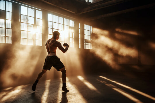 A boxer shadowboxing in an empty gym, light beams coming through dusty windows, sharp movements and intense focus.