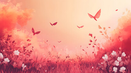 Red Field Sunset Butterflies Peaceful Serenity