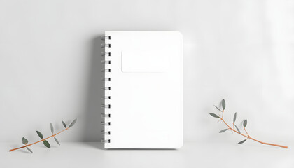 Blank photorealistic notebook mockup on light grey background, front view with label, Dreamy. isolated with white shades