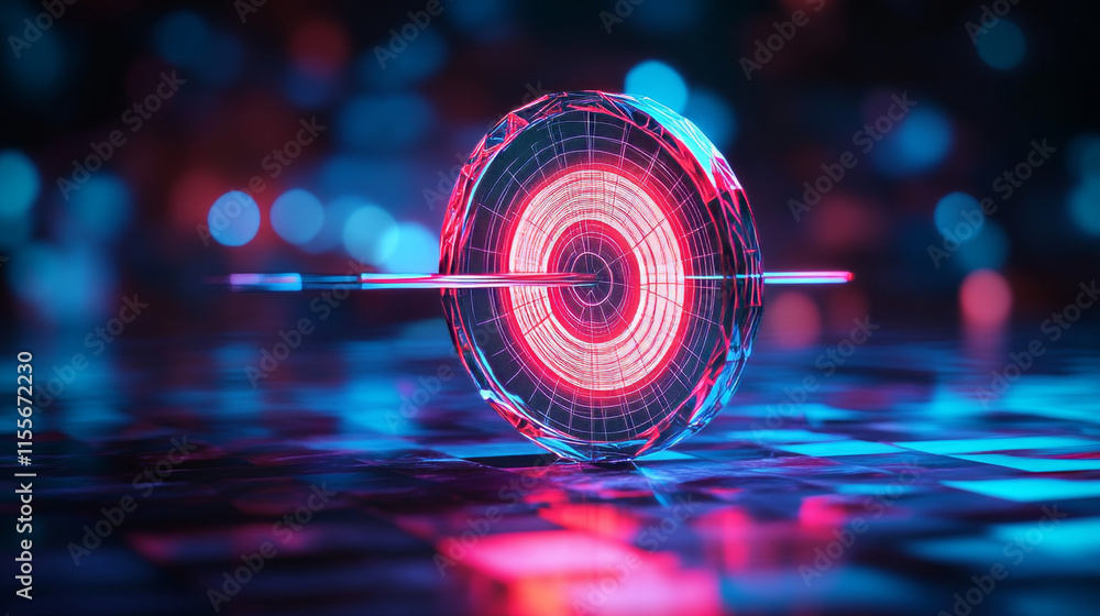 Poster the hologram is the target. a target and arrow made of polygons, triangles of points and lines. the 