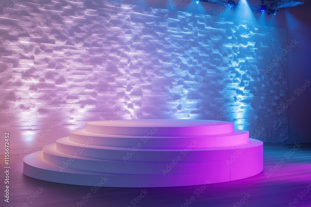 Poster illuminated three-tiered round stage with textured wall.