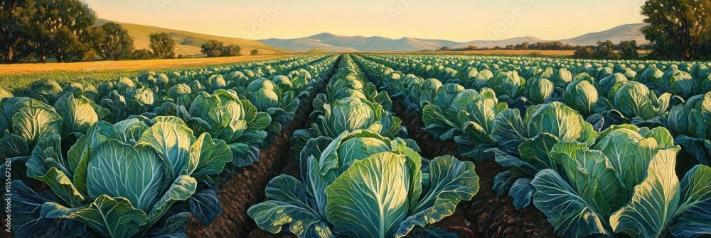 Poster rows of cabbages in a vast field at sunset.