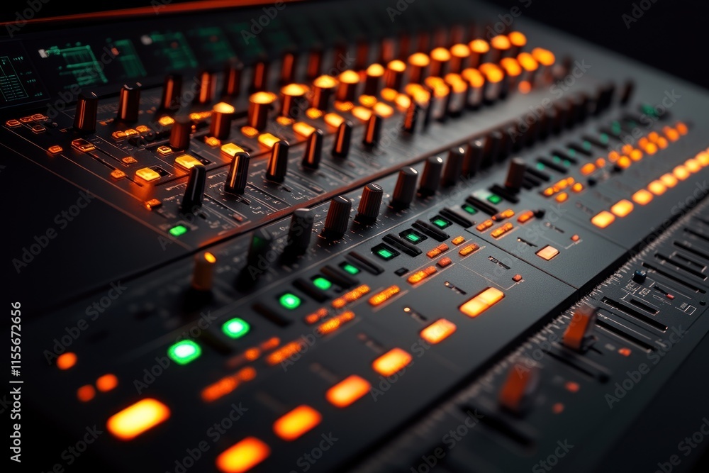 Poster Close-up of illuminated audio mixing console with knobs, buttons, and faders.